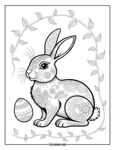 Coloriage de lapin de Pâques pour adultes : Un lapin aux motifs floraux et aux œufs richement ornés est assis dans un cadre décoratif de vignes ondulantes