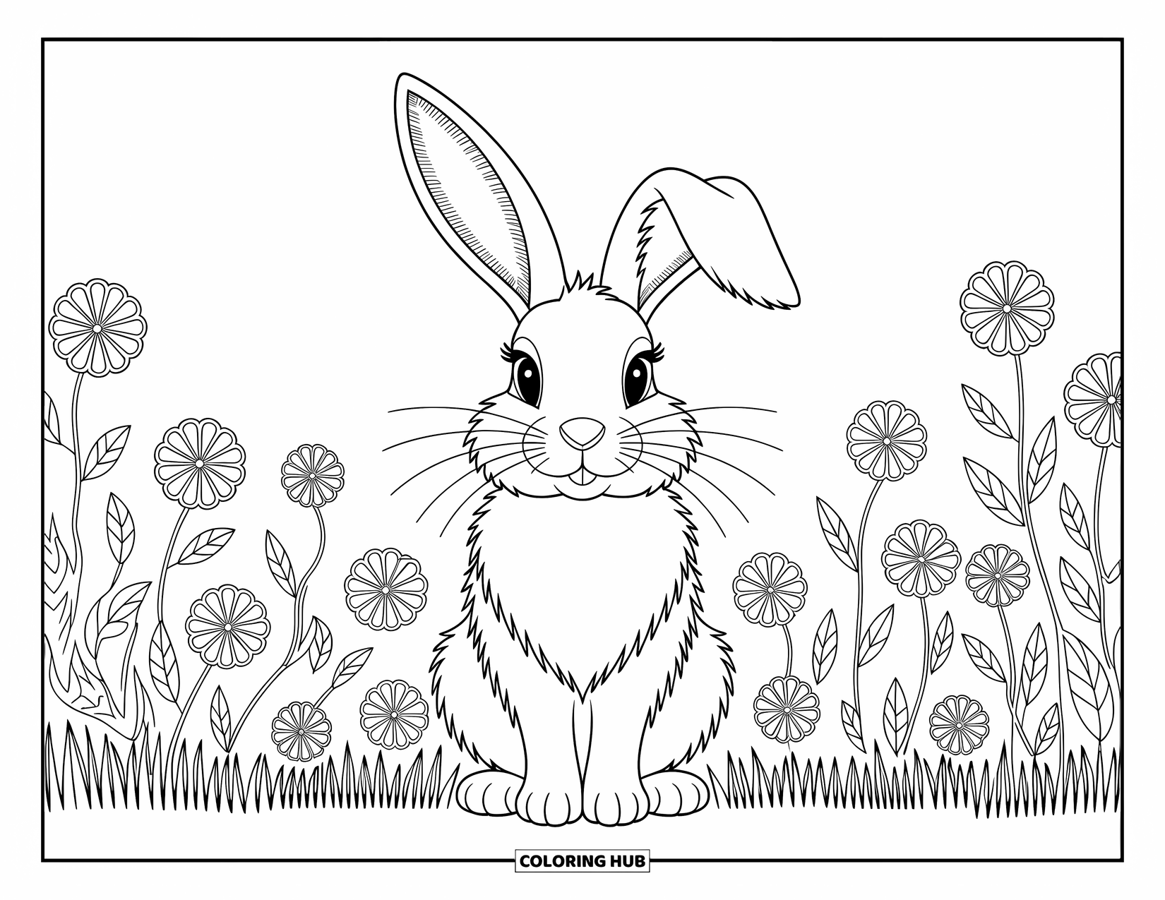 Desenho de Coelho da Páscoa para colorir para adultos: Um coelho com orelhas esvoaçantes e estampadas está graciosamente em um prado de flores delicadas e florescendo