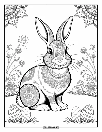 Coloriage de lapin de Pâques pour adultes : Un lapin au pelage orné de motifs mandala se repose dans un jardin rempli de fleurs détaillées