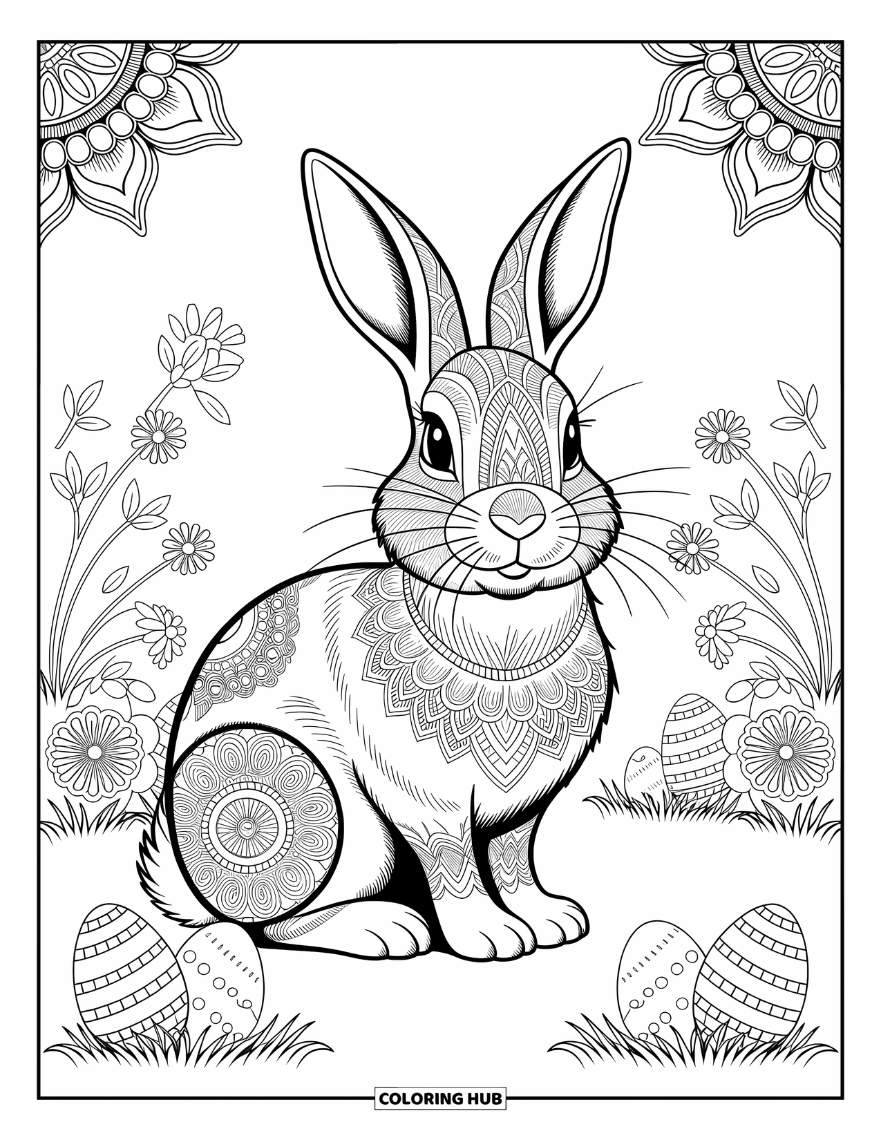 Desenho de Coelho da Páscoa para colorir para adultos: Um coelho com intrincados padrões de mandala em sua pele descansa em um jardim cheio de flores detalhadas