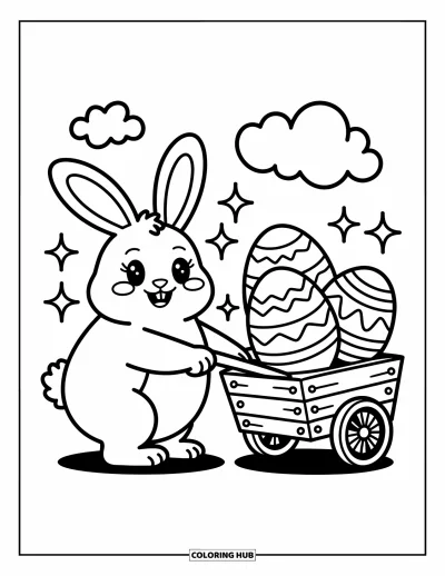 Coloriage de lapin de Pâques pour adultes : Un lapin potelé tire une charrette pleine d’énormes œufs décorés, entouré d’étincelles et de nuages