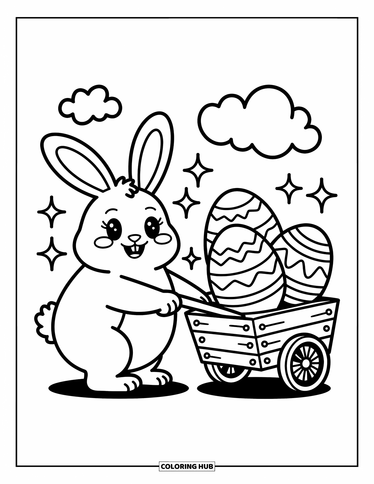 Desenho de Coelho da Páscoa para colorir para adultos: Um coelho gordinho puxa um carrinho cheio de ovos gigantes decorados, cercado por brilhos e nuvens