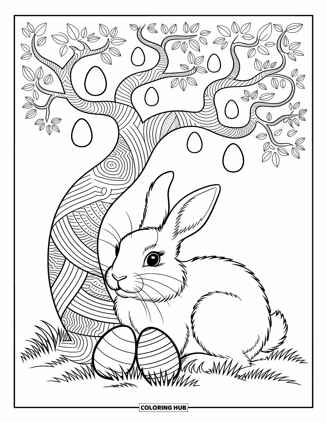 Desenho de Coelho da Páscoa para colorir para adultos: Um coelho aconchegante aninha-se sob uma árvore retorcida, cercado por esculturas delicadas e ovos escondidos