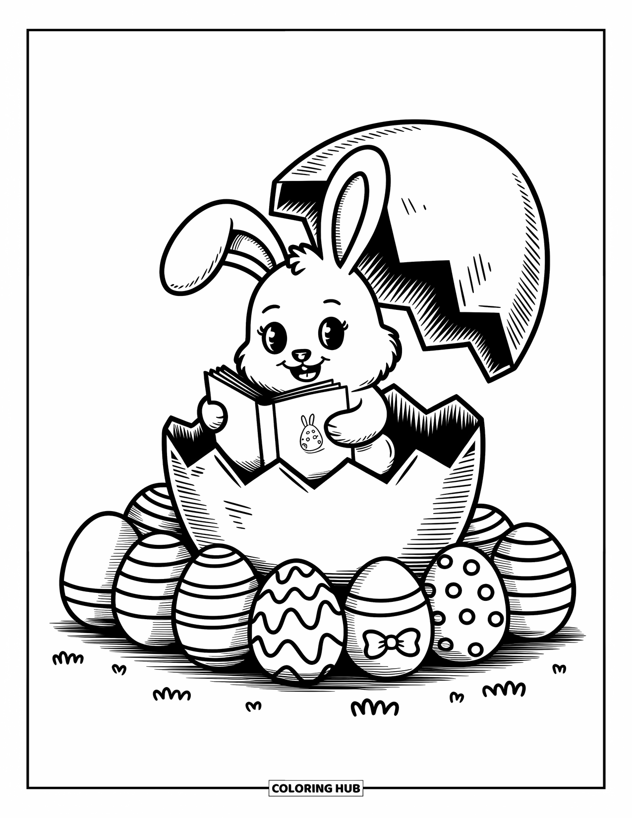 Desenho de Coelho da Páscoa para colorir para adultos: Um coelho fofo lê um pequeno livro dentro de um ovo rachado, com ovos decorados enfileirados nas proximidades