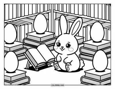 Coloriage de lapin de Pâques pour adultes : Un lapin adorable est assis dans une librairie accueillante, entouré de piles de livres fantaisie en forme d’œuf