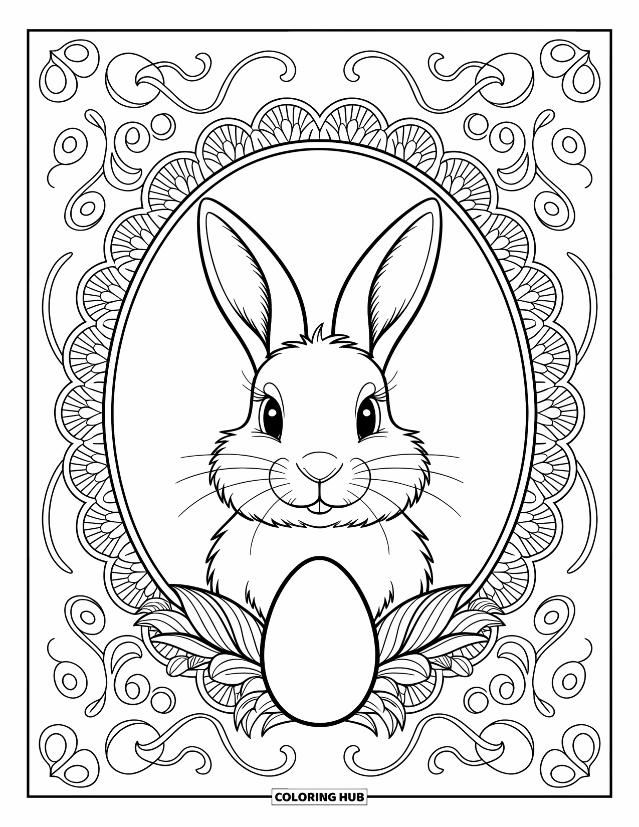 Desenho de Coelho da Páscoa para colorir para adultos: Um retrato detalhado de coelho emoldurado por padrões semelhantes a renda, com um ovo de Páscoa ornamentado abaixo