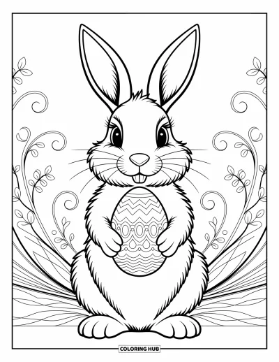 Coloriage de lapin de Pâques pour adultes : Un lapin détaillé avec un œuf décoré se tient sur un fond d’arabesques tourbillonnantes et d’accents floraux