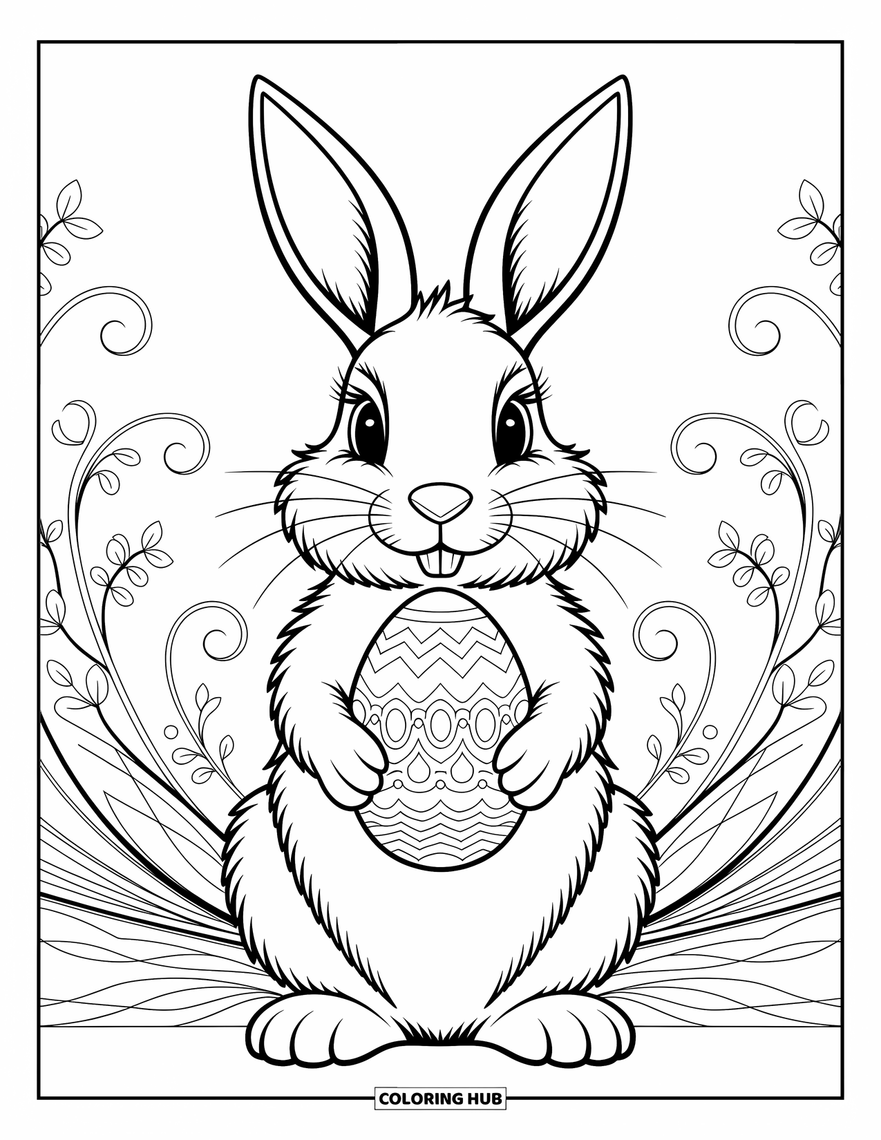 Desenho de Coelho da Páscoa para colorir para adultos: Um coelho detalhado com um ovo decorado senta-se contra um fundo de filigrana rodopiante e detalhes florais