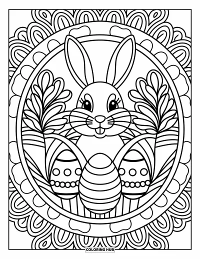 Coloriage de lapin de Pâques pour adultes : Un mandala détaillé présente un lapin de Pâques en son centre, entouré de motifs floraux et d’œufs