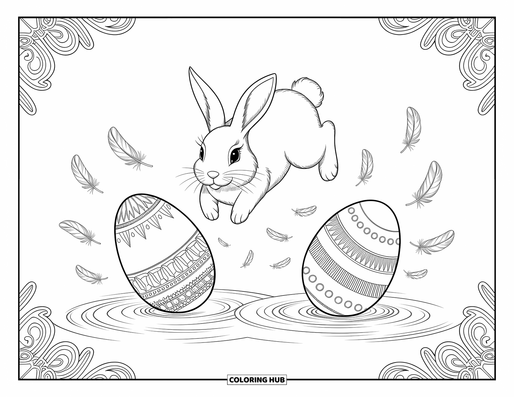 Desenho de Coelho da Páscoa para colorir para adultos: Um coelho sonhador flutua no céu, cercado por ovos detalhados e penas flutuando graciosamente