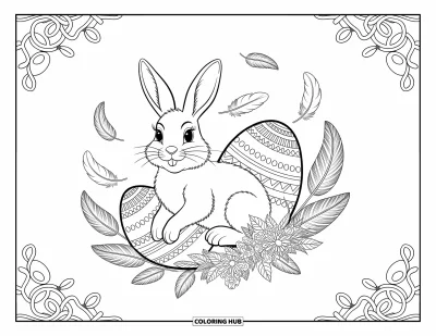 Coloriage de lapin de Pâques pour adultes : Un lapin de Pâques flottant est entouré d’œufs complexes et de plumes douces dans une scène surréaliste