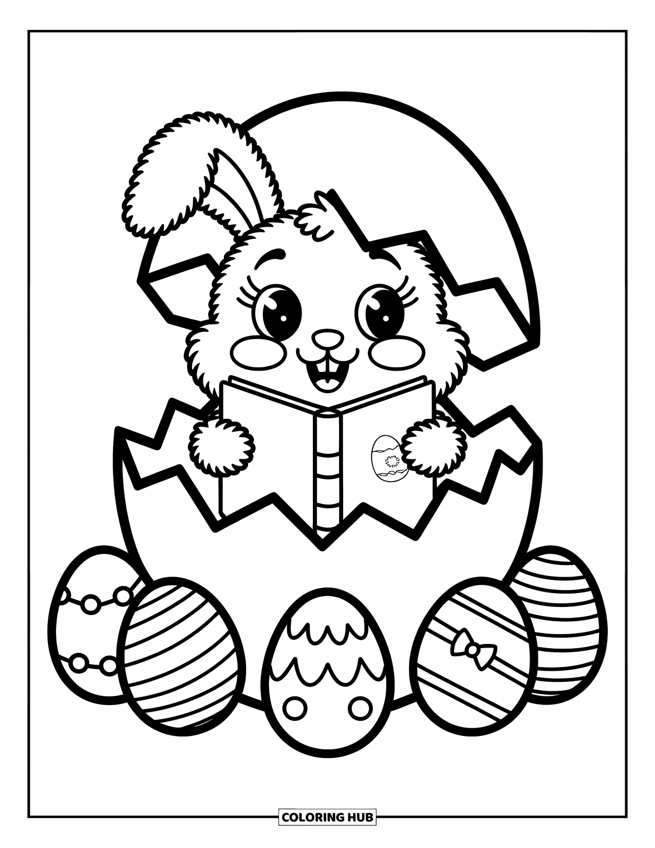 Desenho de Coelho da Páscoa para colorir para adultos: Um coelho fofo olha para fora de sua toca, avistando ovos escondidos e uma placa para uma caça aos ovos