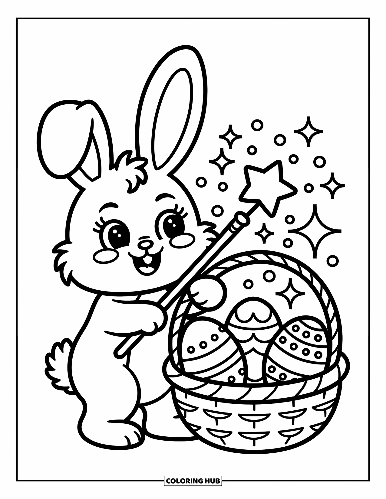 Desenho de Coelho da Páscoa para colorir para adultos: Um coelho fofo acena com uma varinha mágica sobre uma cesta de ovos de Páscoa, fazendo-os brilhar