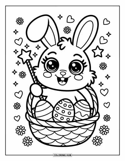 Coloriage de lapin de Pâques pour adultes : Un lapin duveteux agite une baguette au-dessus d’un panier d’œufs, leur donnant vie par la magie