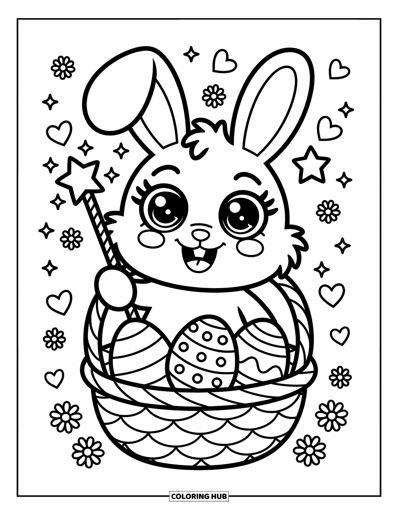 Desenho de Coelho da Páscoa para colorir para adultos: Um coelho fofo acena com uma varinha sobre uma cesta de ovos, dando-lhes vida com magia