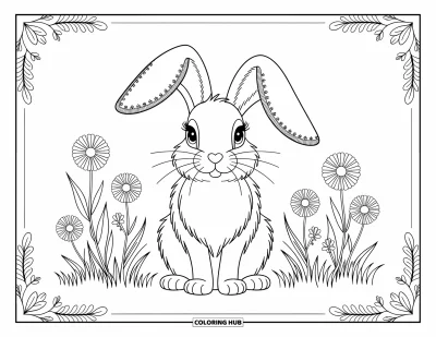 Coloriage de lapin de Pâques pour adultes : Un lapin gracieux aux oreilles à motifs de dentelle se tient dans une prairie de fleurs en pleine floraison