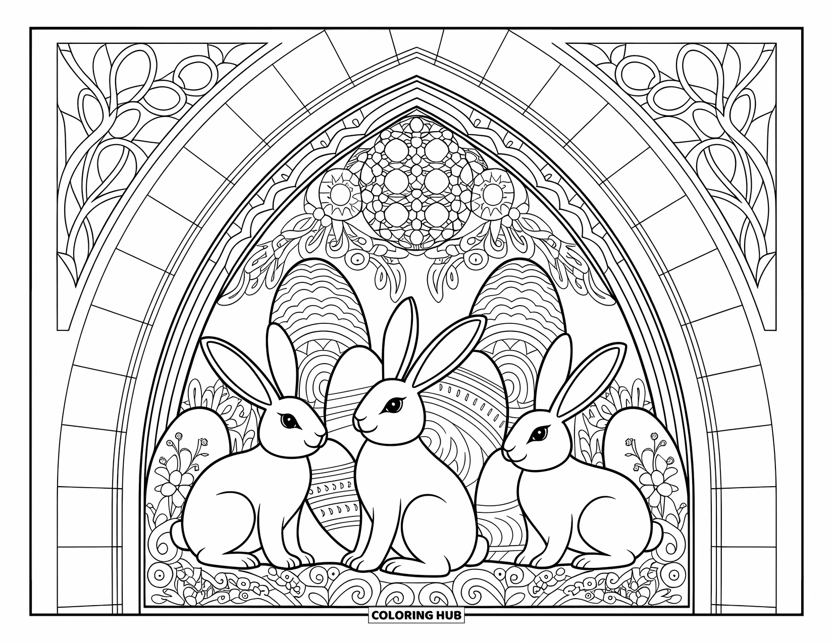 Desenho de Coelho da Páscoa para colorir para adultos: Um grande arco decorado com esculturas de Coelho da Páscoa, esculturas ornamentadas e ovos intrincados