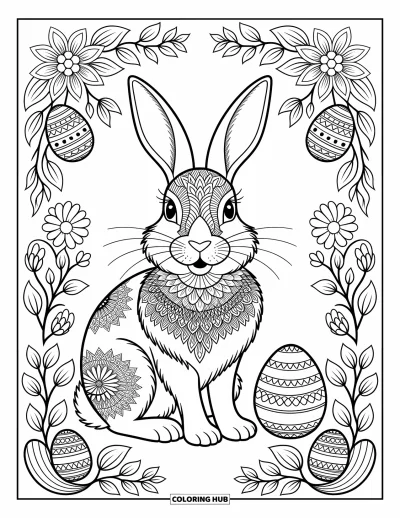 Coloriage de lapin de Pâques pour adultes : Un majestueux lapin de Pâques au pelage à motifs mandala est assis dans un jardin de fleurs et d’œufs décorés