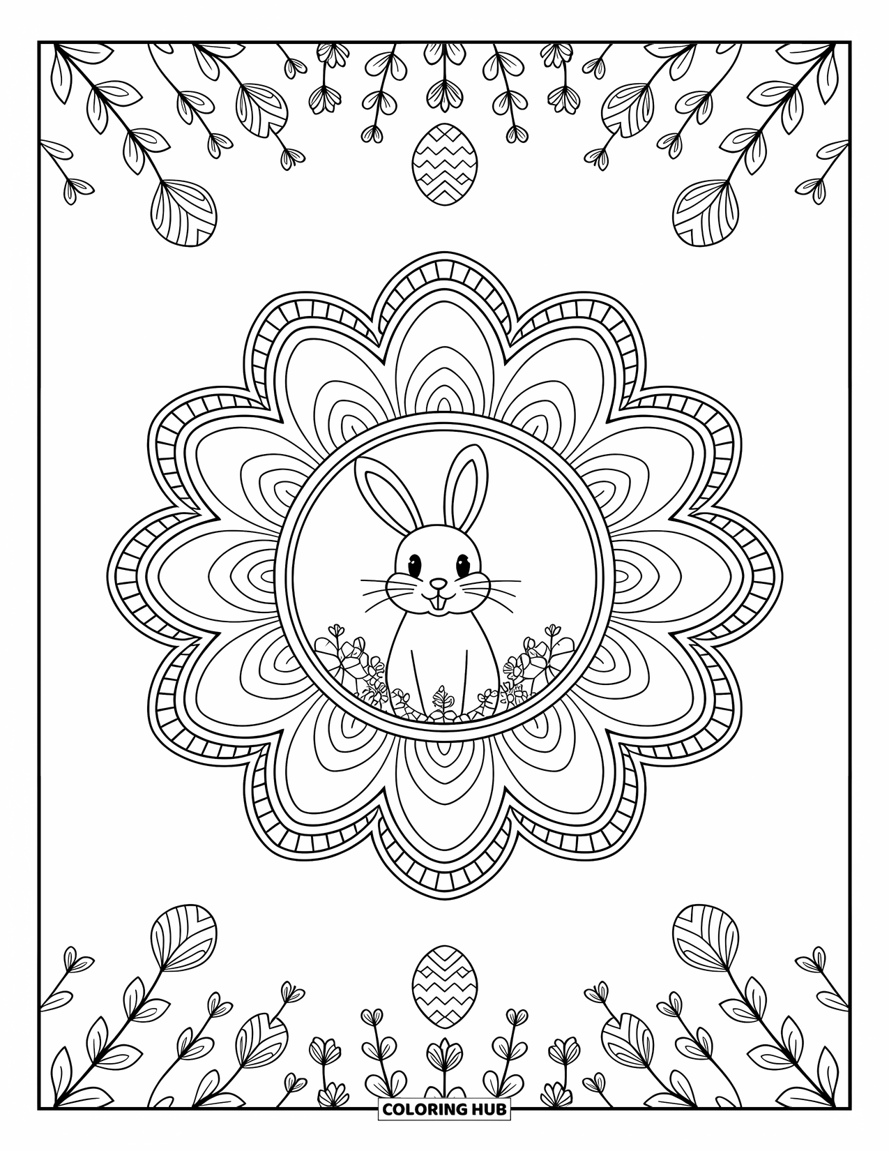 Desenho de Coelho da Páscoa para colorir para adultos: Uma mandala com padrões florais e de ovo em camadas envolve um Coelho da Páscoa em seu centro