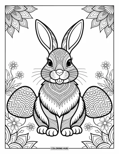 Coloriage de lapin de Pâques pour adultes : Un lapin de Pâques majestueux au pelage à motifs est assis parmi des fleurs délicates et des œufs de Pâques ornés