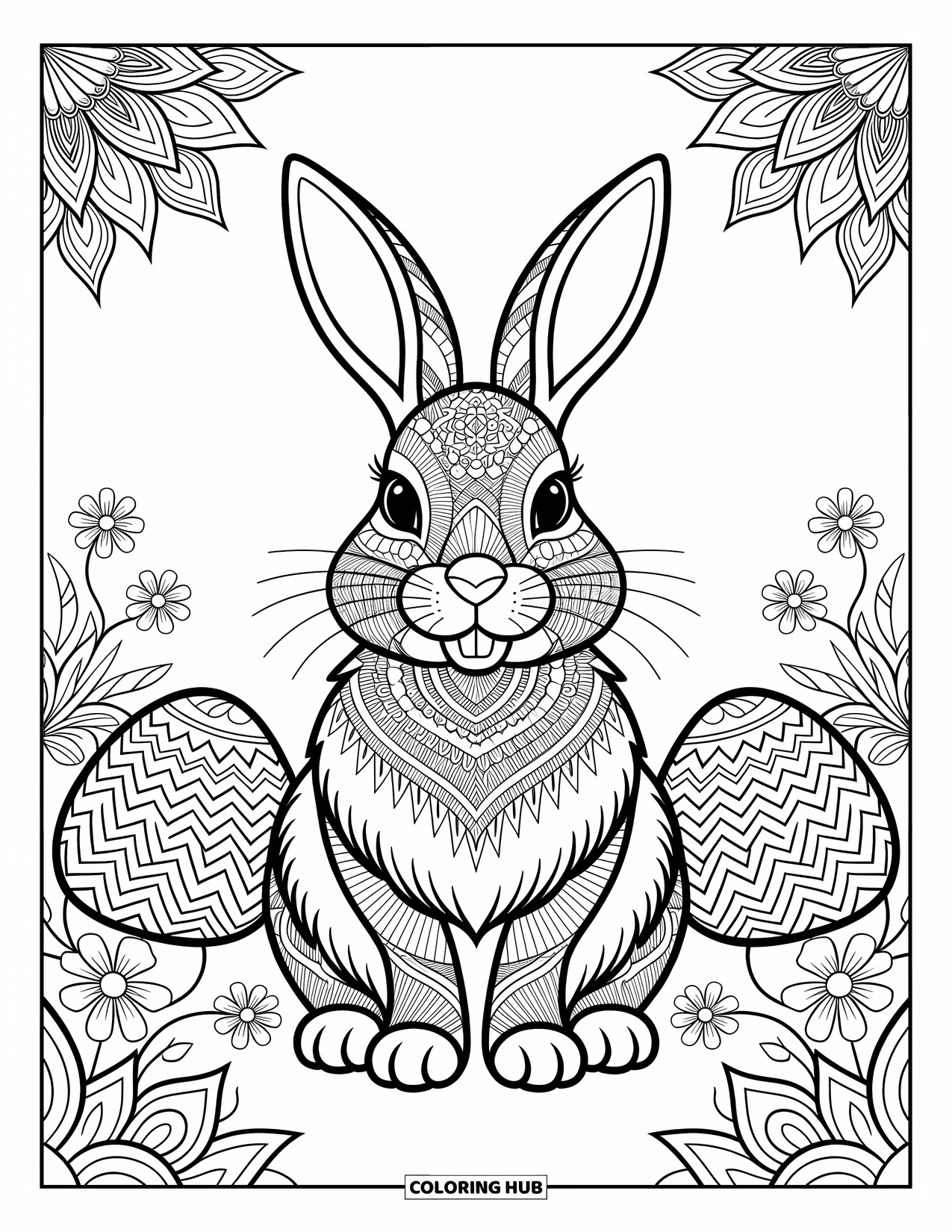 Desenho de Coelho da Páscoa para colorir para adultos: Um Coelho da Páscoa majestoso com pele estampada senta-se entre flores delicadas e ovos de Páscoa ornamentados