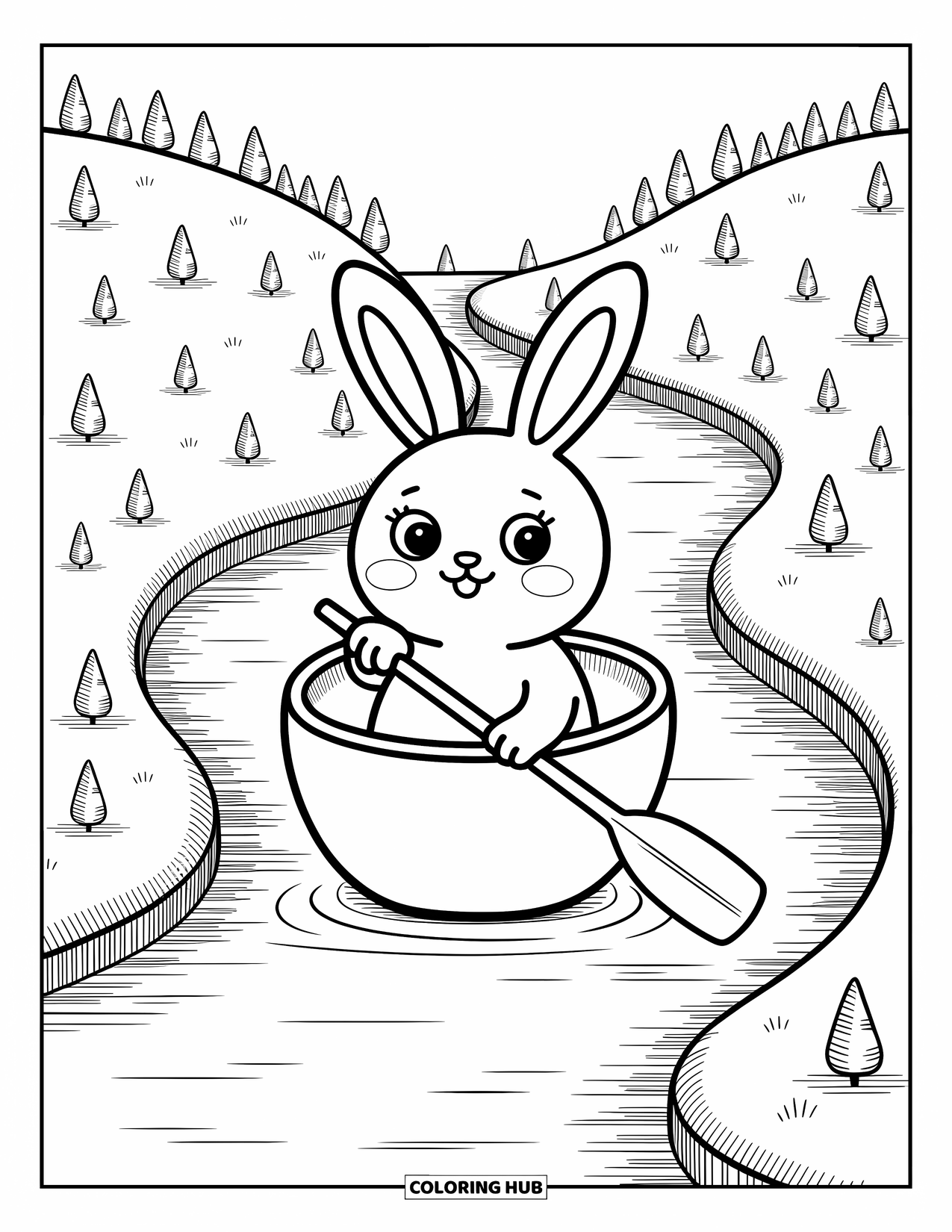Desenho de Coelho da Páscoa para colorir para adultos: Um coelho redondo rema um barco em forma de ovo ao longo de um riacho tranquilo, cercado por pequenas árvores