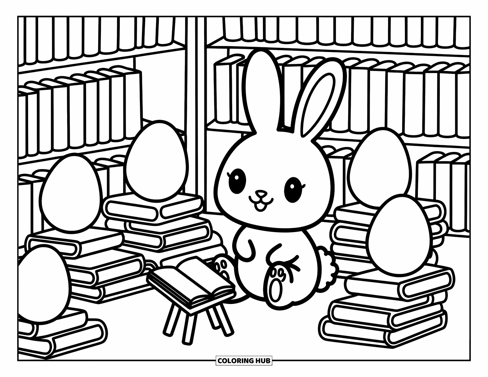 Desenho de Coelho da Páscoa para colorir para adultos: Um pequeno coelho senta-se em uma livraria caprichosa, cercado por pilhas de livros em forma de ovo