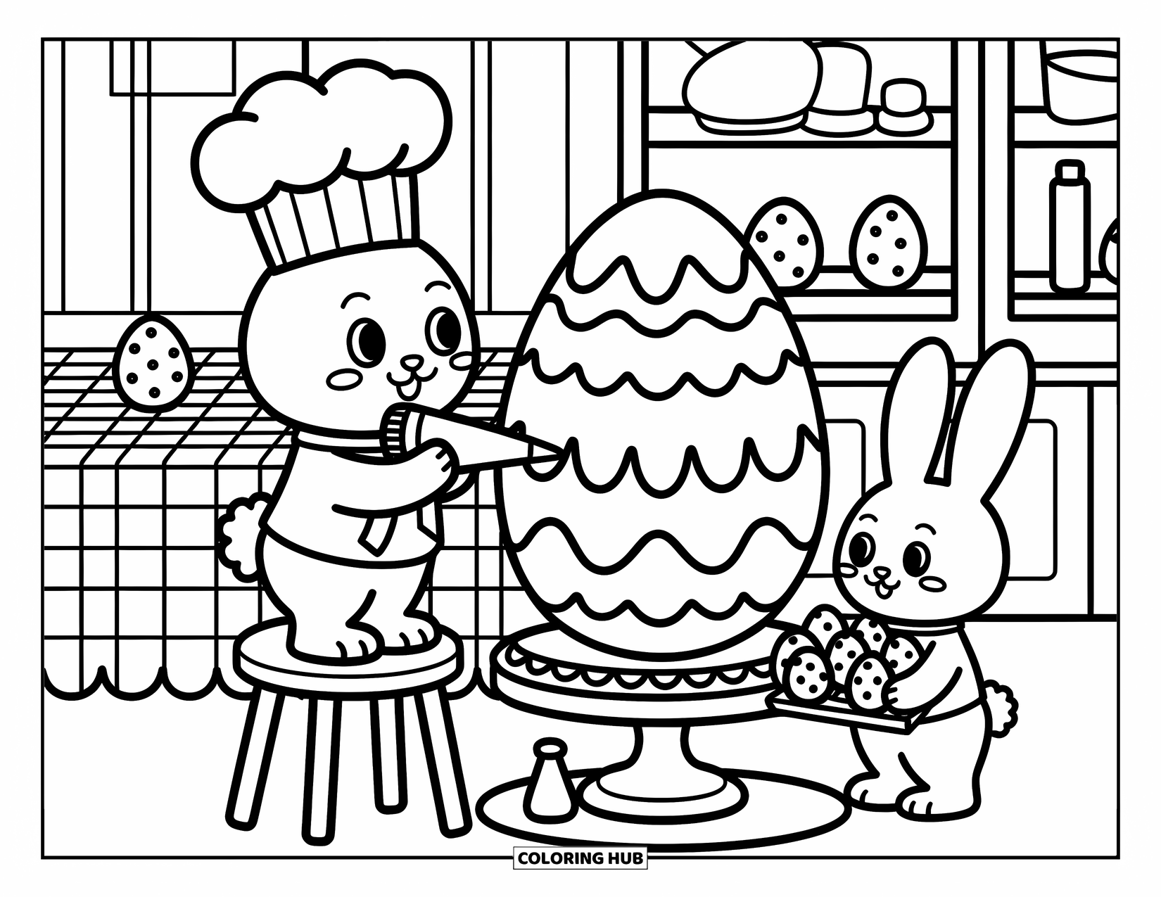 Desenho de Coelho da Páscoa para colorir para adultos: Um coelhinho chef decora um bolo de ovo de Páscoa, enquanto outro coelho segura uma bandeja de biscoitos