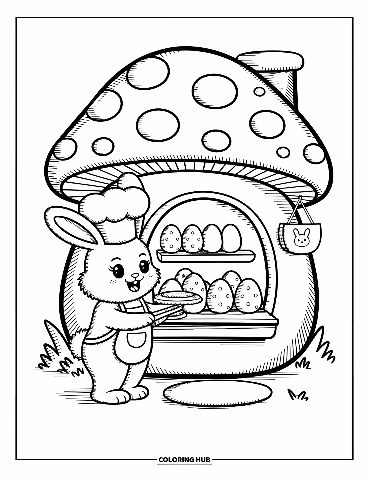 Desenho de Coelho da Páscoa para colorir para adultos: Um coelhinho chef decora biscoitos do lado de fora de uma aconchegante padaria de cogumelos com uma placa em forma de coelho