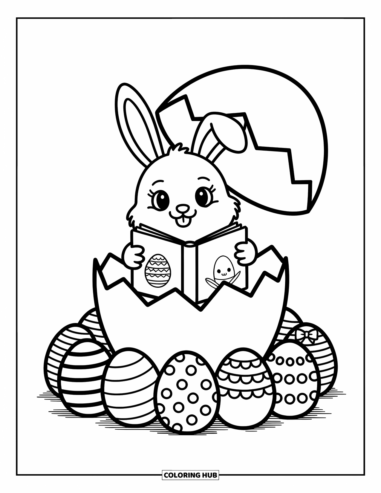 Desenho de Coelho da Páscoa para colorir para adultos: Um coelhinho aconchega-se em um ovo rachado, lendo um livro ao lado de ovos decorados divertidos