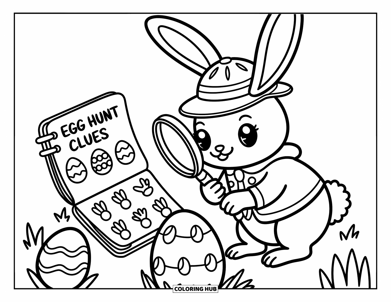 Desenho de Coelho da Páscoa para colorir para adultos: Um coelhinho detetive estuda pistas em um caderno enquanto procura ovos de Páscoa escondidos