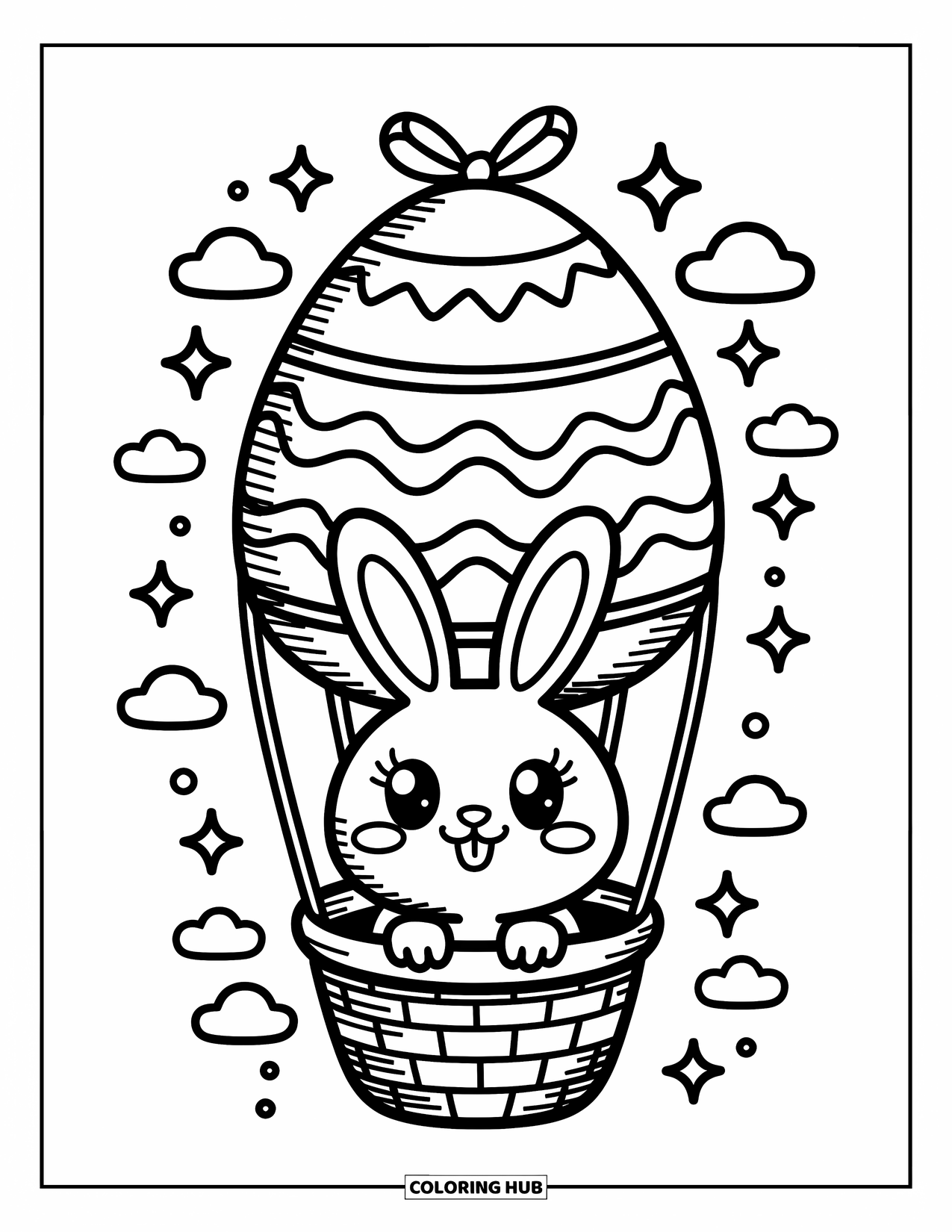 Desenho de Coelho da Páscoa para colorir para adultos: Um coelhinho flutua em uma cesta sob um balão em forma de ovo, flutuando entre estrelas e brilhos