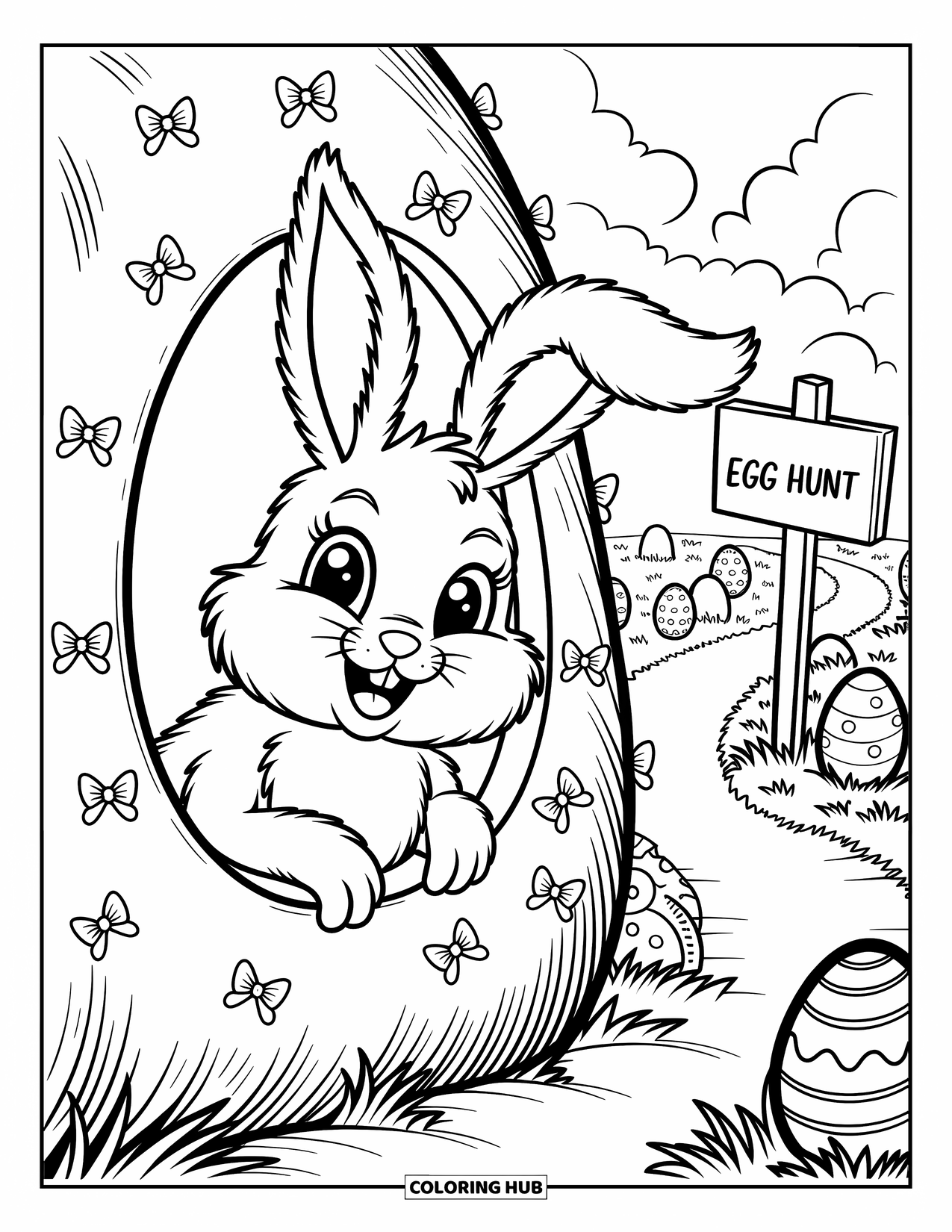 Desenho de Coelho da Páscoa para colorir para adultos: Um coelhinho espreita de uma toca, com uma placa próxima apontando para uma caça aos ovos de Páscoa