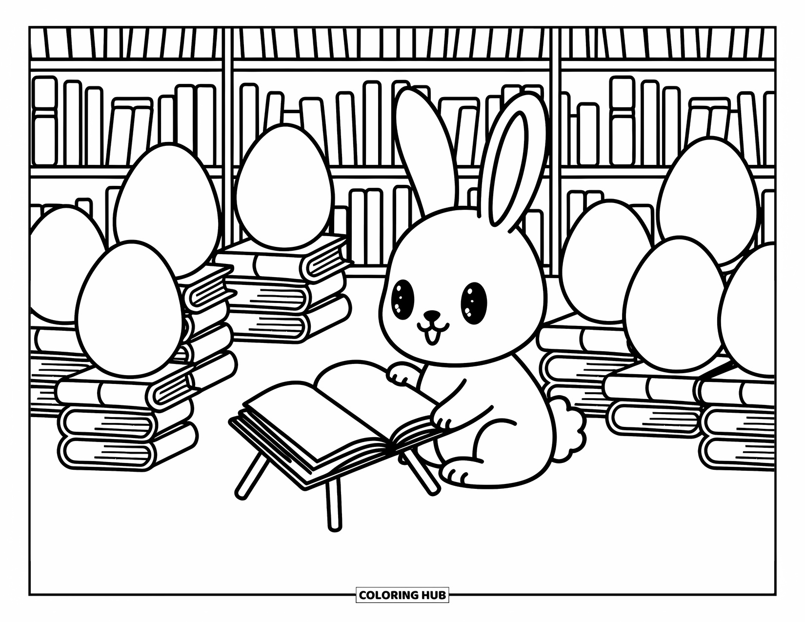 Desenho de Coelho da Páscoa para colorir para adultos: Um coelhinho lê perto de um livro aberto em uma livraria charmosa cheia de pilhas de livros divertidas