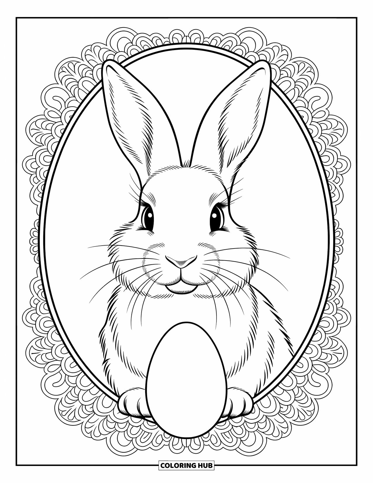 Desenho de Coelho da Páscoa para colorir para adultos: Um retrato de Coelho da Páscoa em estilo vintage emoldurado por padrões semelhantes a renda com um ovo elegante na parte inferior
