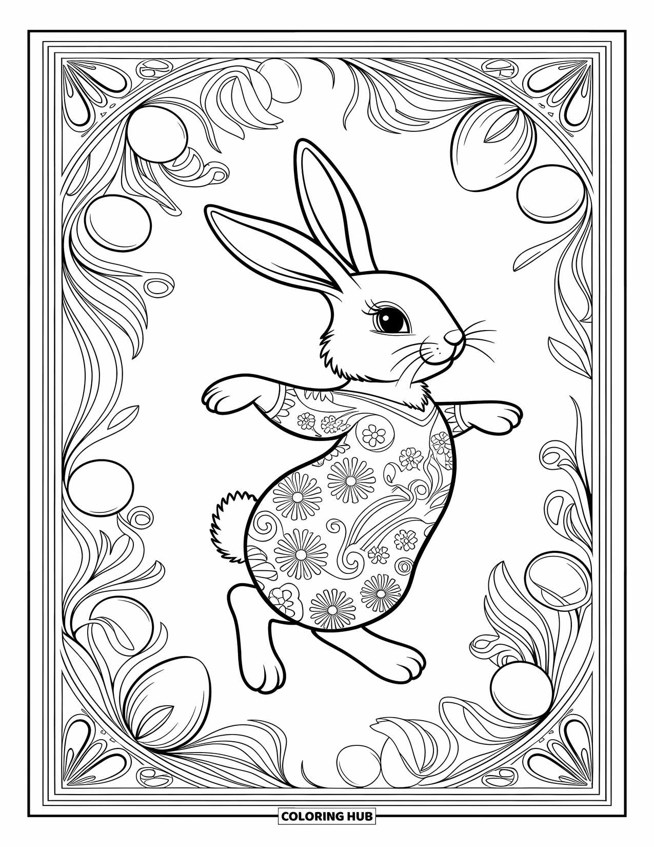 Desenho de Coelho da Páscoa para colorir para adultos: Um Coelho da Páscoa dança entre desenhos florais rodopiantes, misturando Art Nouveau e padrões de arte folclórica