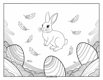 Coloriage de lapin de Pâques pour adultes : Un lapin de Pâques flotte parmi de grands œufs décorés et des plumes dérivantes dans un ciel onirique