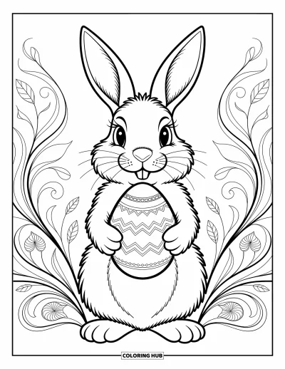 Coloriage de lapin de Pâques pour adultes : Un lapin de Pâques tient un œuf décoré, entouré de fines arabesques et de motifs floraux délicats