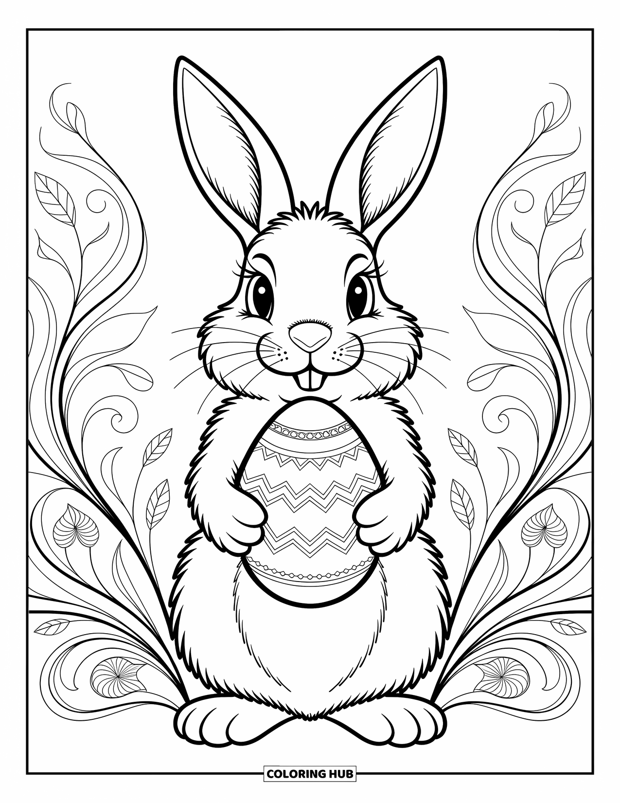 Desenho de Coelho da Páscoa para colorir para adultos: Um Coelho da Páscoa segura um ovo decorado, cercado por filigrana intrincada e delicados padrões florais