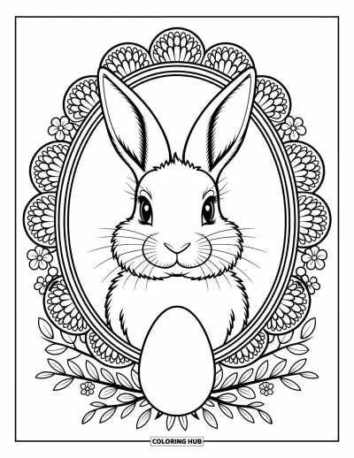 Coloriage de lapin de Pâques pour adultes : Un portrait de lapin de Pâques avec des motifs de dentelle complexes et un œuf décoratif au centre