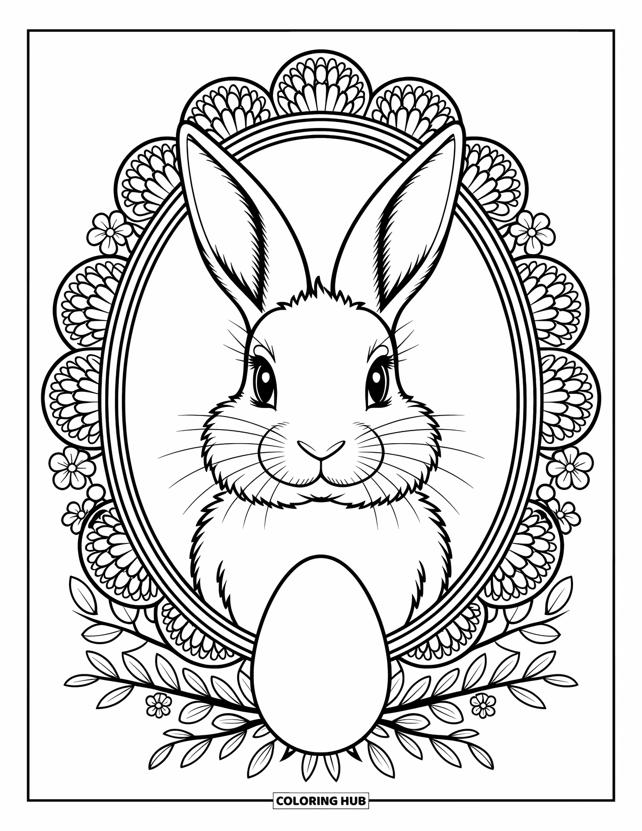 Desenho de Coelho da Páscoa para colorir para adultos: Um retrato de Coelho da Páscoa com padrões de renda intrincados e uma peça central de ovo decorativa