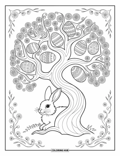 Coloriage de lapin de Pâques pour adultes : Un lapin de Pâques se repose sous un grand arbre rempli de gravures détaillées et d’œufs cachés