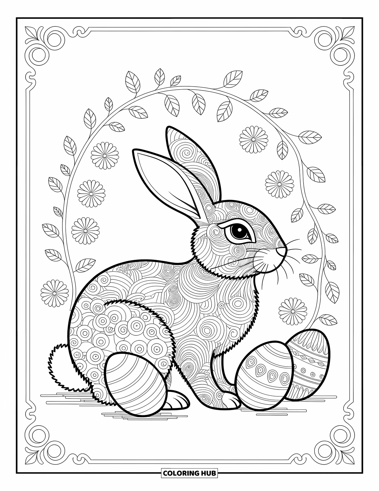 Desenho de Coelho da Páscoa para colorir para adultos: Um Coelho da Páscoa senta-se entre padrões florais rodopiantes e ovos decorados, emoldurado por vinhas elegantes