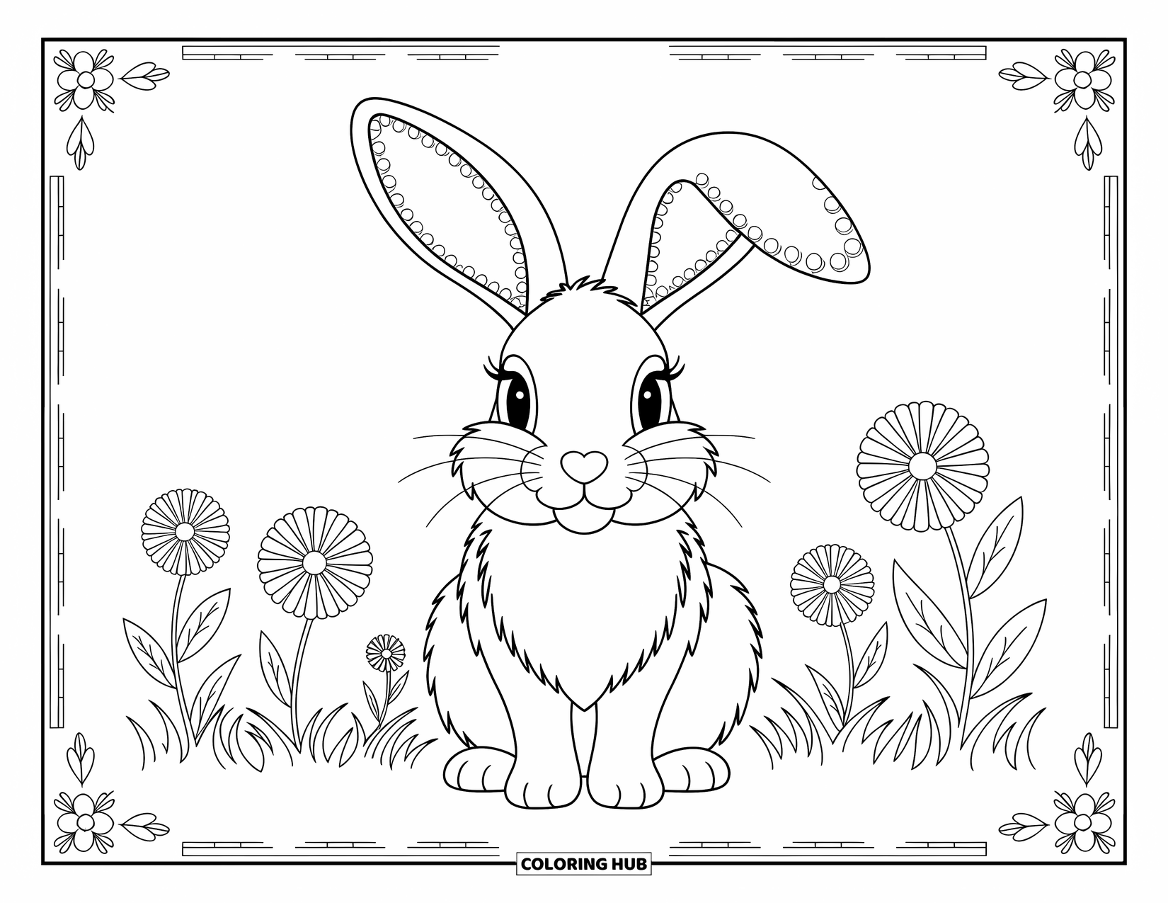 Desenho de Coelho da Páscoa para colorir para adultos: Um Coelho da Páscoa com orelhas esvoaçantes e estampadas está em um prado sereno de flores delicadas