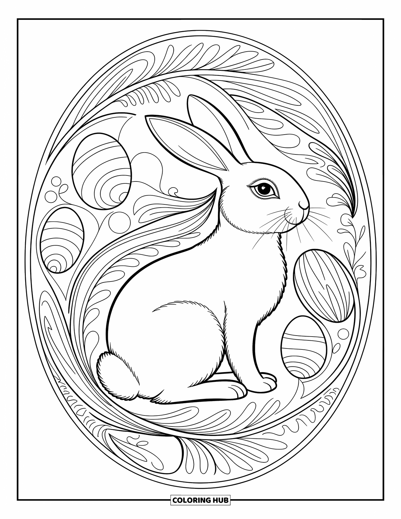Desenho de Coelho da Páscoa para colorir para adultos: Um Coelho da Páscoa com intrincados padrões florais e de ovo dança em um design inspirado em Art Nouveau