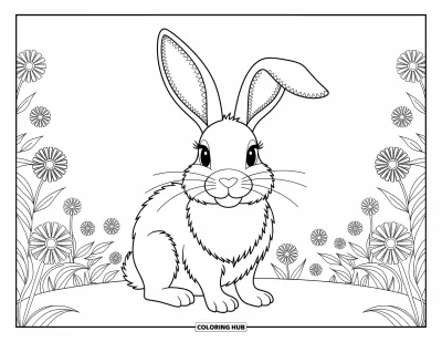 Coloriage de lapin de Pâques pour adultes : Un lapin de Pâques aux oreilles façon dentelle se tient dans une prairie remplie de fleurs finement détaillées