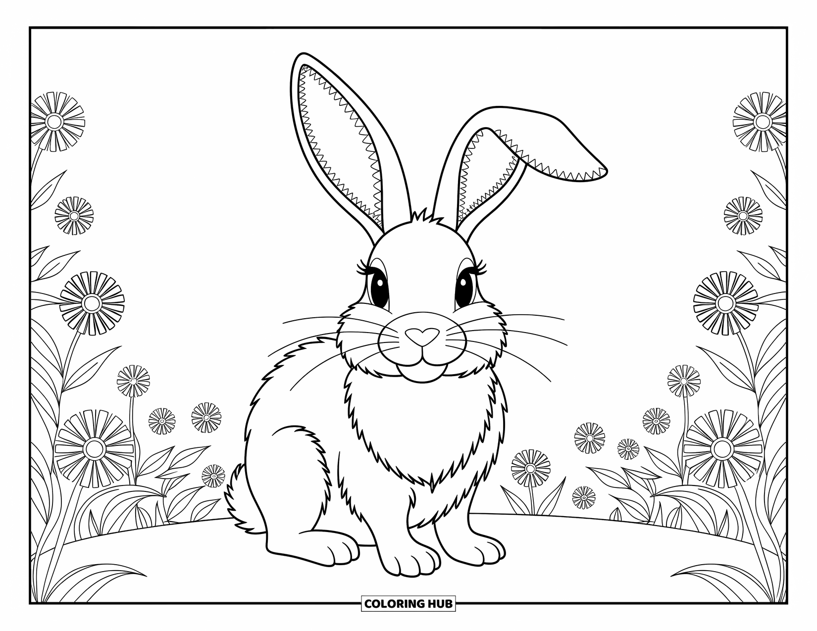 Desenho de Coelho da Páscoa para colorir para adultos: Um Coelho da Páscoa com orelhas semelhantes a renda está em um prado cheio de flores intrincadamente detalhadas