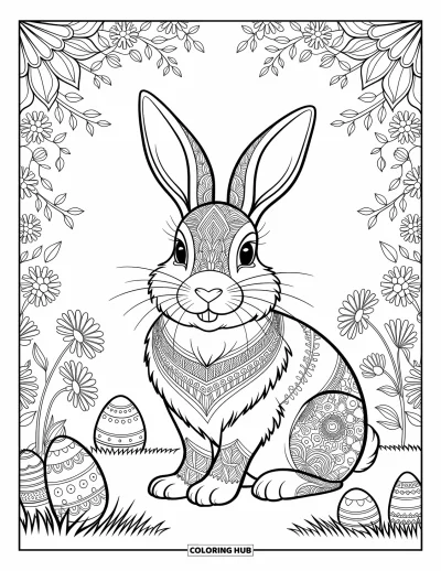Coloriage de lapin de Pâques pour adultes : Un lapin de Pâques aux motifs inspirés des mandalas est assis dans un jardin luxuriant aux détails floraux