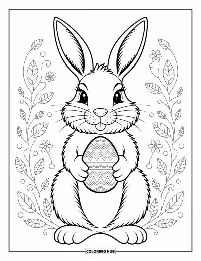 Coloriage de lapin de Pâques pour adultes : Un lapin élégant tient un œuf à motifs, entouré de vignes délicates et de fioritures complexes