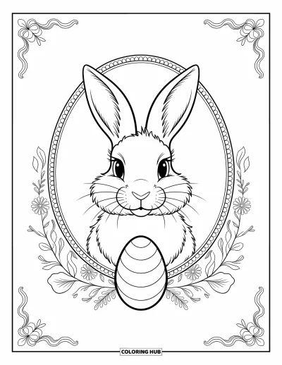 Coloriage de lapin de Pâques pour adultes : Un portrait élégant de lapin de Pâques entouré de motifs floraux en dentelle et d’un œuf décoré